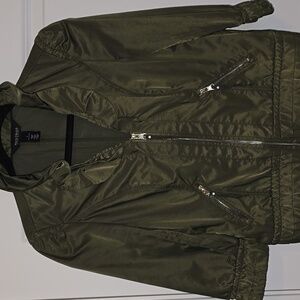 Vintage WHBM Military Green Ruffle Neckline Cropped Bomber Jacket Size 2